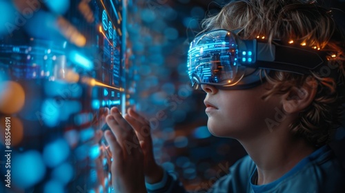 School student with VR headset using AI artificial intelligence technology & machine learning.Interactive technology in classroom. Innovation & smart tech. AI blue hologram in education
