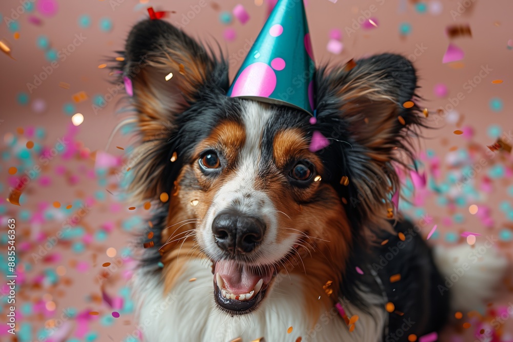 Birthday Party Dog in Party Hat With Falling Confetti Birthday Party Dog in Party Hat With Falling Confetti