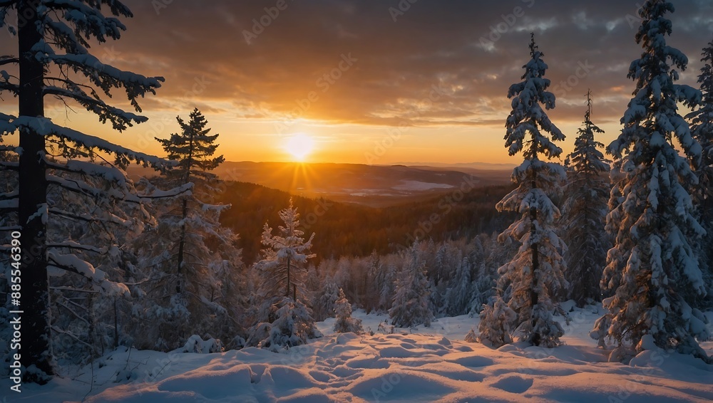 Scenic winter sunset amidst the tranquil woods Scenic winter sunset amidst the tranquil woods