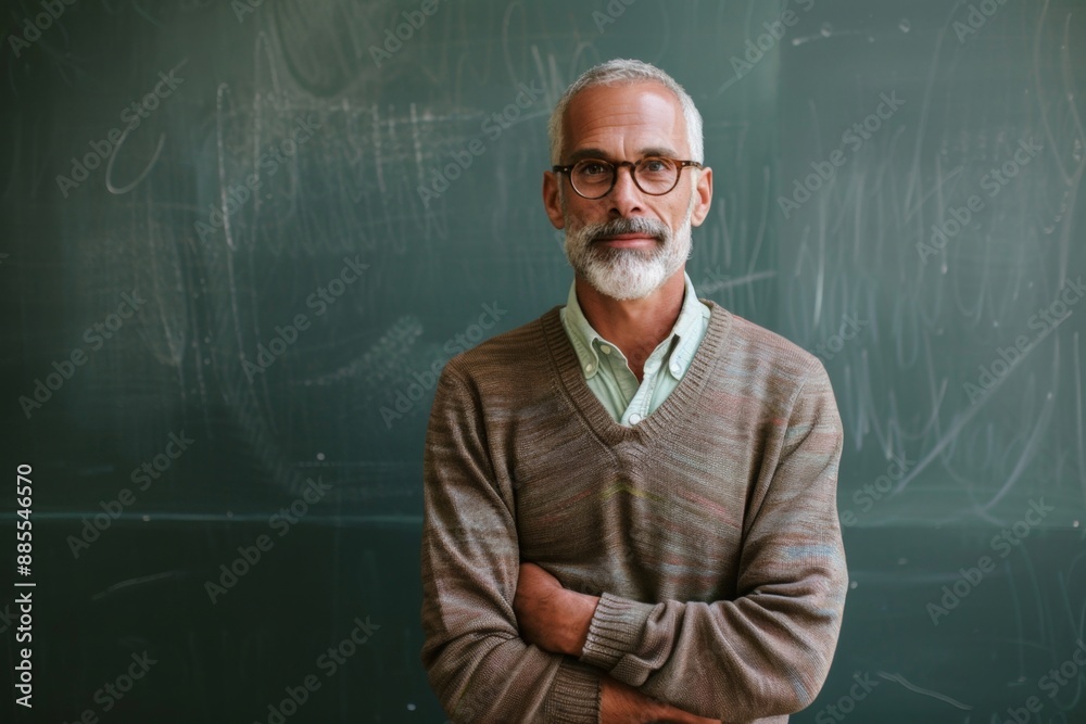 Confident Senior Male Teacher Standing in Front of Classroom Chalkboard Confident Senior Male Teacher Standing in Front of Classroom Chalkboard