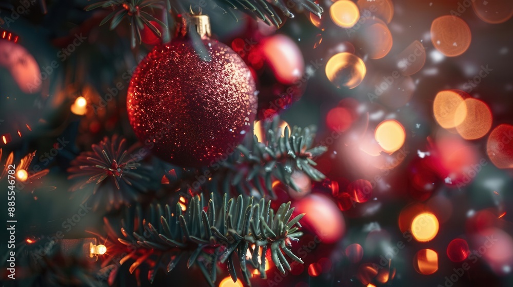 Macro shot of Christmas tree, detailed needles and ornaments, festive lights, vibrant colors, bright lighting, closeup, holiday atmosphere Macro shot of Christmas tree, detailed needles and ornaments, festive lights, vibrant colors, bright lighting, closeup, holiday atmosphere