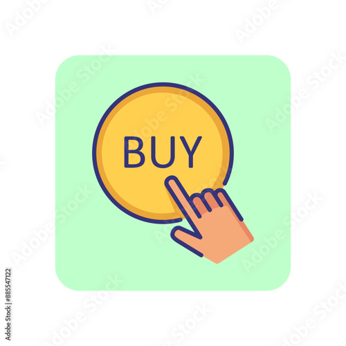 Hand pushing buy button line icon. Online shop, buying, sale. Shopping concept. Vector illustration can be used for topics like retail, consumerism, internet service