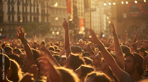 La Mercè Festival, music concert in Barcelona's main plaza with cheering crowd, Ai generated Images photo