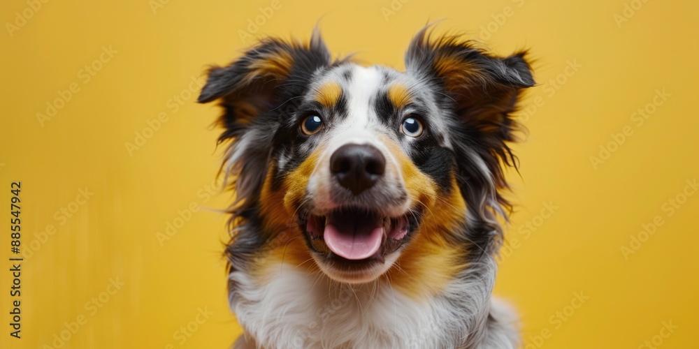 A close-up shot of a dog's face on a bright yellow background, great for use in animal-related designs and projects A close-up shot of a dog's face on a bright yellow background, great for use in animal-related designs and projects