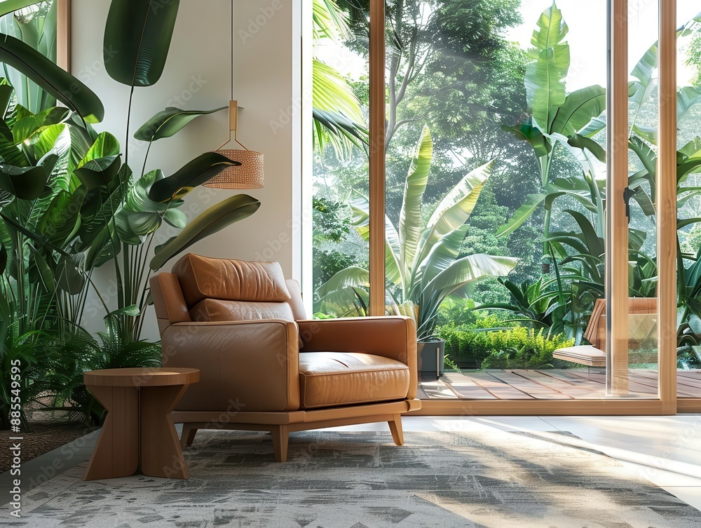 sleek minimalist living room with midcentury modern leather armchair neutral tones clean lines and warm wood accents large windows overlooking lush garden oasis sleek minimalist living room with midcentury modern leather armchair neutral tones clean lines and warm wood accents large windows overlooking lush garden oasis