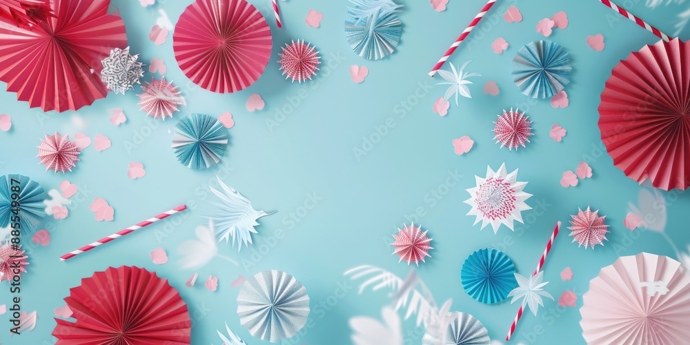 A collection of colorful paper fans on a bright blue background, ready for use in various designs and projects