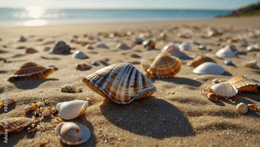 Seashells scattered on a sandy seashore, a serene beach holiday backdrop Seashells scattered on a sandy seashore, a serene beach holiday backdrop