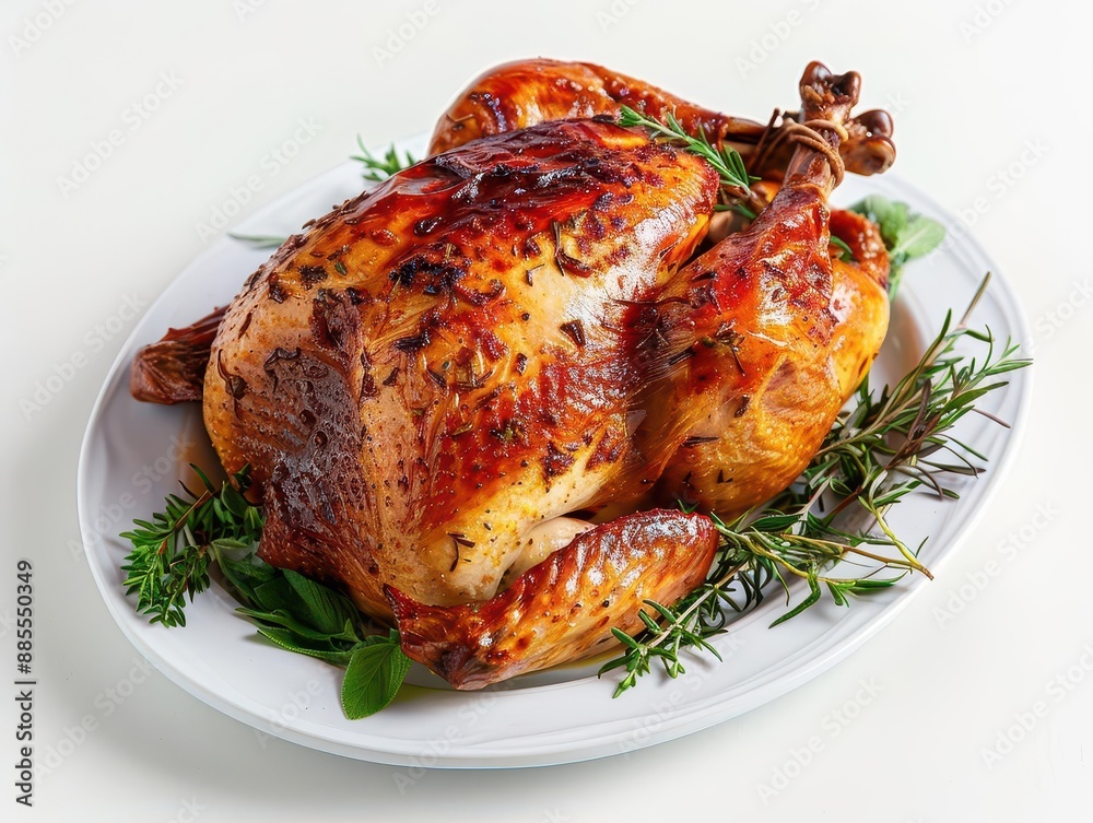 succulent roasted chicken with goldenbrown skin garnished with fresh herbs on a pristine white platter studio lighting enhancing textures succulent roasted chicken with goldenbrown skin garnished with fresh herbs on a pristine white platter studio lighting enhancing textures