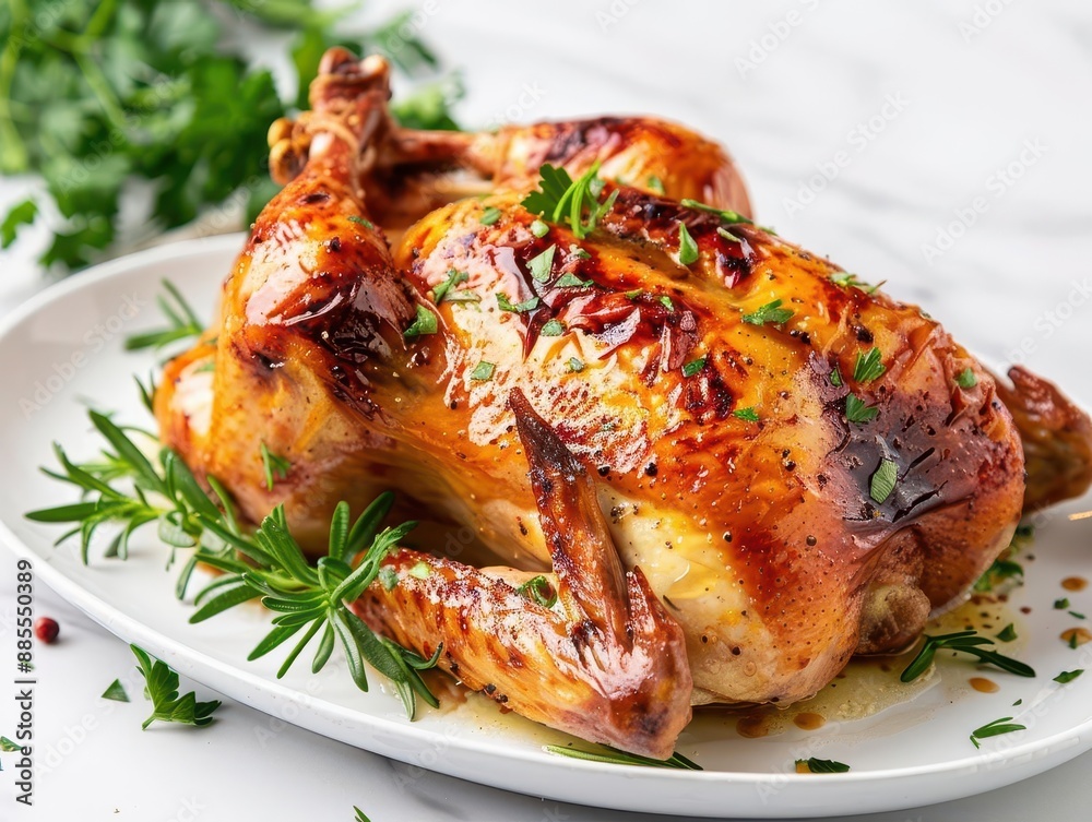 succulent roasted chicken with goldenbrown skin garnished with fresh herbs on a pristine white platter studio lighting enhancing textures