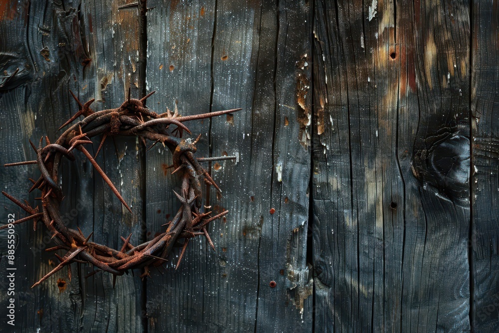 poignant still life of crown of thorns and rusted nails on weathered wood soft reverent lighting evokes spiritual significance textural details and muted colors create depth poignant still life of crown of thorns and rusted nails on weathered wood soft reverent lighting evokes spiritual significance textural details and muted colors create depth