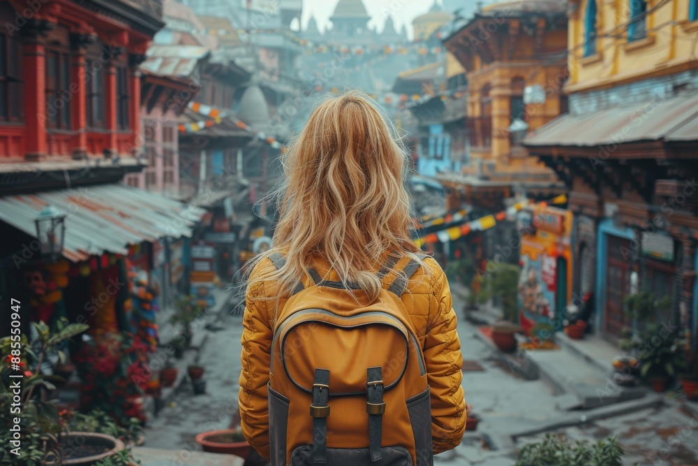 Fototapeta premium A young traveler with a backpack walking through a colorful and vibrant ancient neighborhood decorated with flags, immersed in a cultural and historic experience.