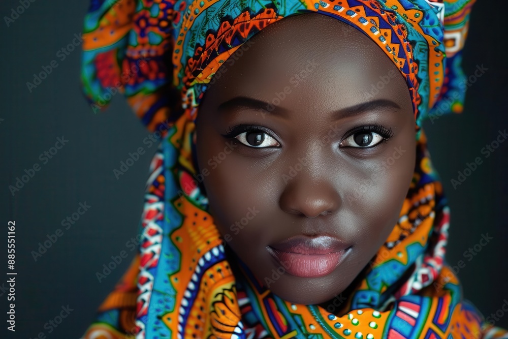 portrait of young african woman with vibrant patterned headscarf soft lighting highlights her radiant skin and proud expression celebrating cultural beauty portrait of young african woman with vibrant patterned headscarf soft lighting highlights her radiant skin and proud expression celebrating cultural beauty
