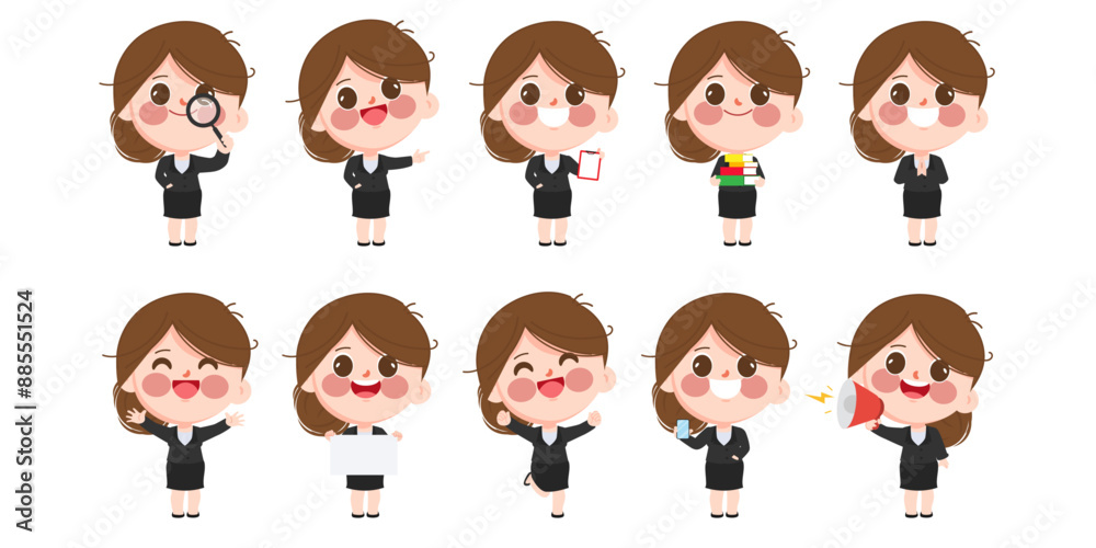 Businesswoman cartoon character pose with job doing collection pose set vector design. Businesswoman cartoon character pose with job doing collection pose set vector design.