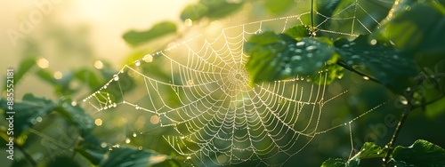 Wallpaper Mural Dew-covered spider web hanging in the morning sunlight, creating an ethereal and magical backdrop for various outdoor activities. The dewdrops glisten on each strand of silk, adding to its enchanting  Torontodigital.ca