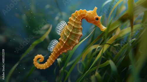 Unique shots capture the delicate movements of a seahorse as it clings to a swaying strand of seagrass, its tiny form a study in grace and elegance.