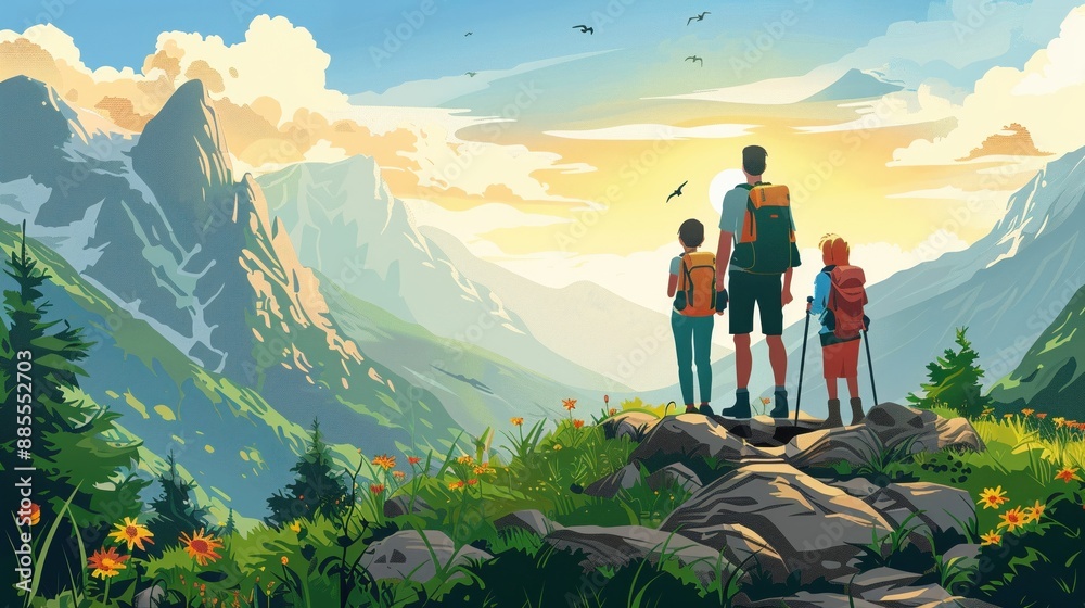 Family Hiking Adventure in Scenic Mountain Landscape with Lush Greenery and Vibrant Wildflowers Under a Clear Blue Sky Family Hiking Adventure in Scenic Mountain Landscape with Lush Greenery and Vibrant Wildflowers Under a Clear Blue Sky