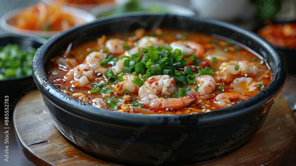 Steaming Hot Shrimp Soup in a Black Bowl on a Wooden Plate. Generative AI Steaming Hot Shrimp Soup in a Black Bowl on a Wooden Plate. Generative AI
