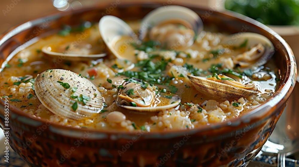 A Warm Bowl of Clam Chowder With Fresh Herbs and a Side of Sunshine. Generative AI A Warm Bowl of Clam Chowder With Fresh Herbs and a Side of Sunshine. Generative AI