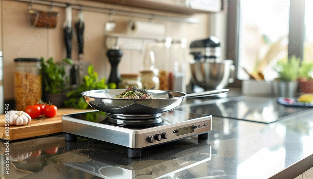 Showcasing stylish, chrome metallic food scale on kitchen countertop Ideal for chefs focused weight Showcasing stylish, chrome metallic food scale on kitchen countertop Ideal for chefs focused weight