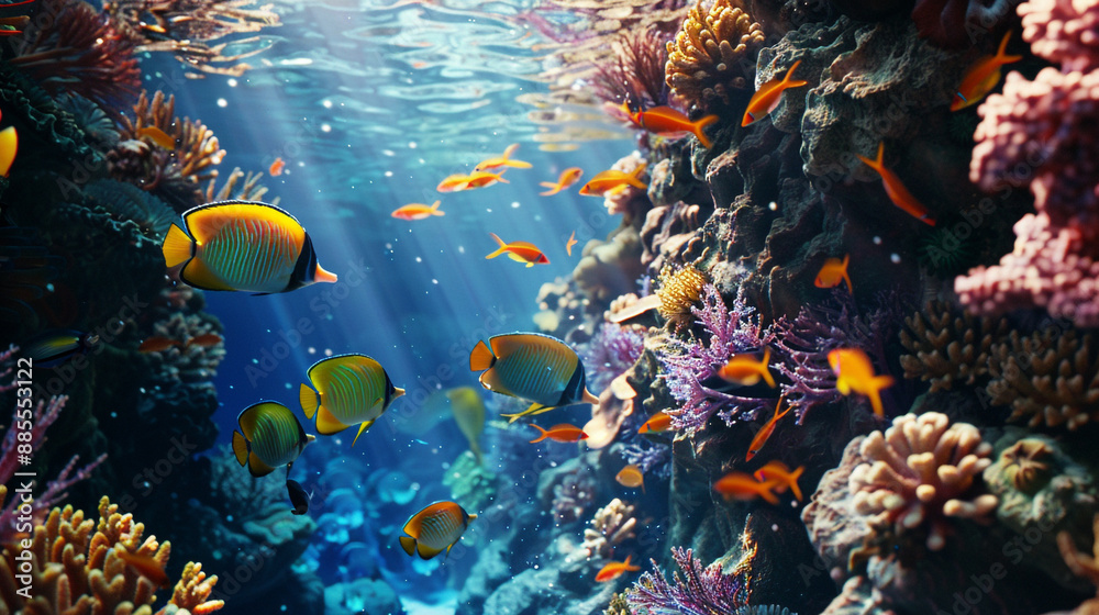 Naklejka premium Unique shots showcase bustling coral reefs teeming with life, as fish of all shapes and sizes dart amongst their vibrant surroundings.