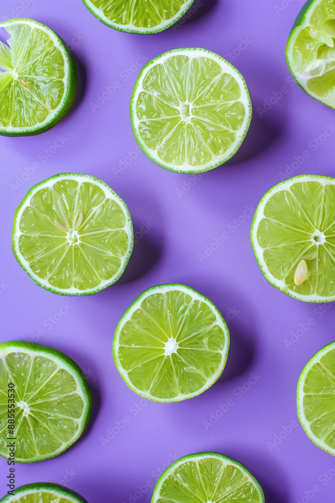 vibrant pattern of sliced limes on a pastel purple background, highlighting freshness and natural appeal vibrant pattern of sliced limes on a pastel purple background, highlighting freshness and natural appeal