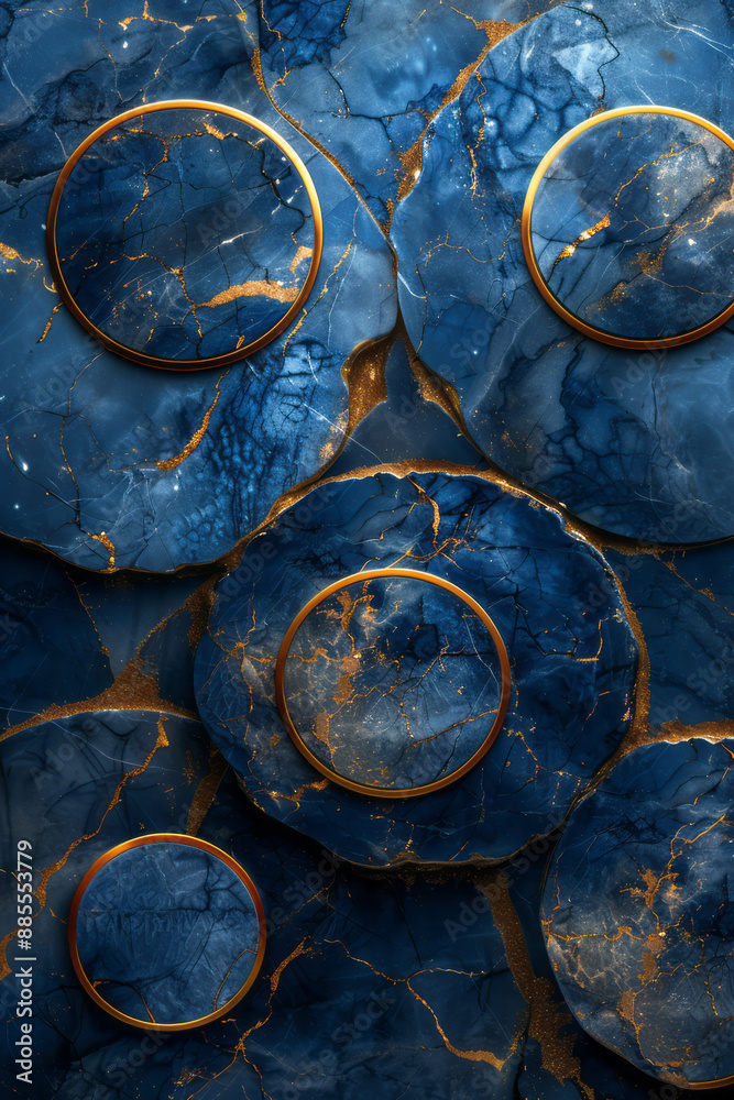 Silver lines intersecting with golden circles on a dark blue marble background, Silver lines intersecting with golden circles on a dark blue marble background,