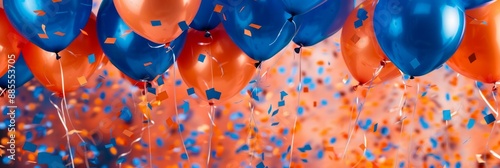 Vibrant background filled with blue and orange balloons and flying confetti, symbolizing a joyful photo