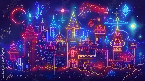 A beautiful neon line depiction of an enchanted castle with glowing towers and magical elements.