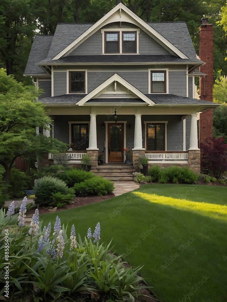 Serene late spring ambiance a well-tended home and front yard Serene late spring ambiance a well-tended home and front yard