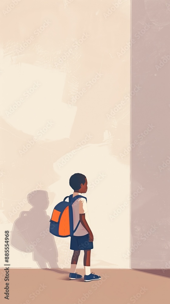 African American boy back to school theme wearing orange shirt with blue backpack standing in front of gray wall. Boy shadow adds depth, classic school uniform style. Back to education concept. African American boy back to school theme wearing orange shirt with blue backpack standing in front of gray wall. Boy shadow adds depth, classic school uniform style. Back to education concept.
