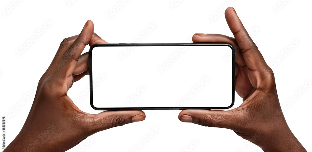 Mobile phone in hands of an African American man, cut out Mobile phone in hands of an African American man, cut out