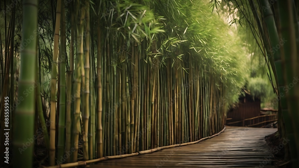 Fototapeta premium Processed collage of green bamboo fence surface texture. Background for banner, backdrop or texture for 3D mapping