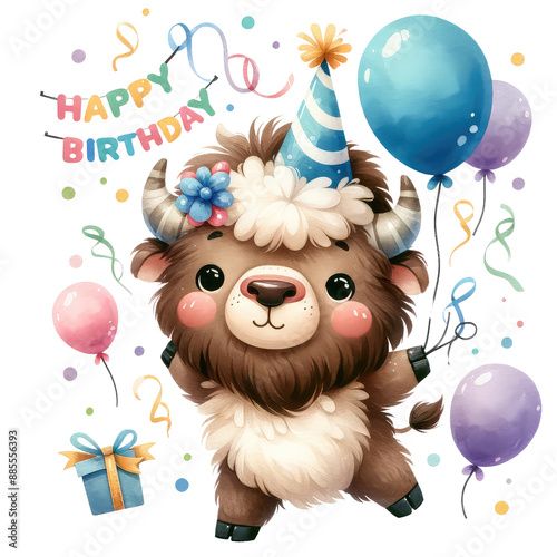 A cute bison wearing a party hat celebrates a birthday with colorful balloons, a gift, and festive decorations.
