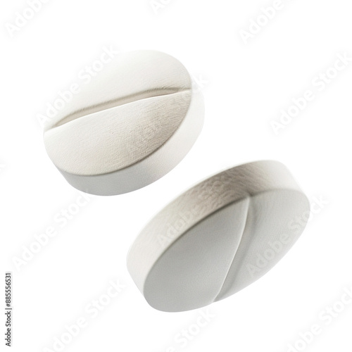 Two white pills floating in air, cut out