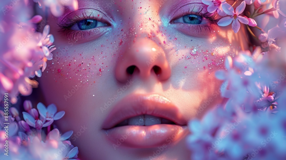 A Close-Up Portrait of a Woman's Face Surrounded by Delicate Lilac Blossoms. Generative AI A Close-Up Portrait of a Woman's Face Surrounded by Delicate Lilac Blossoms. Generative AI
