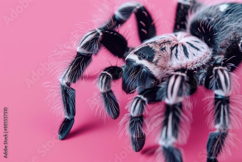 striking closeup of a tarantula with distinctive black and white striped legs against a soft pink background the spiders intricate features and textures are captured in mesmerizing detail photo