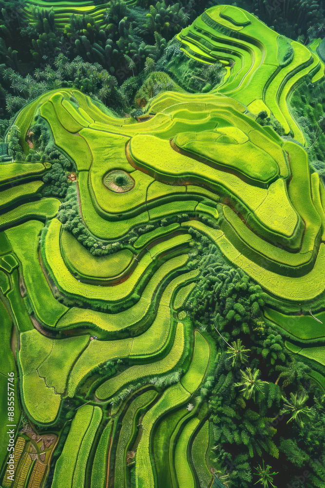 aerial view of lush green terraced rice paddies in asia