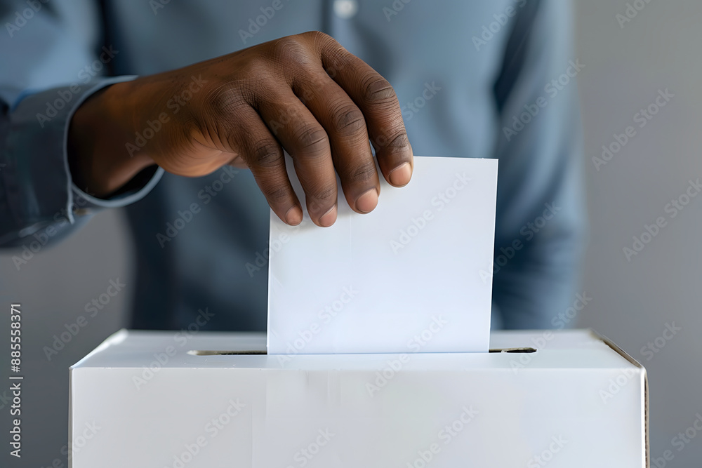 A plain background with a close-up of a male hand holding a voting ballot A plain background with a close-up of a male hand holding a voting ballot