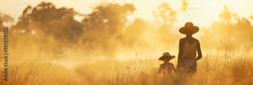 Mother and daughter working together tranquil countryside at sunset, bathed in soft golden glow