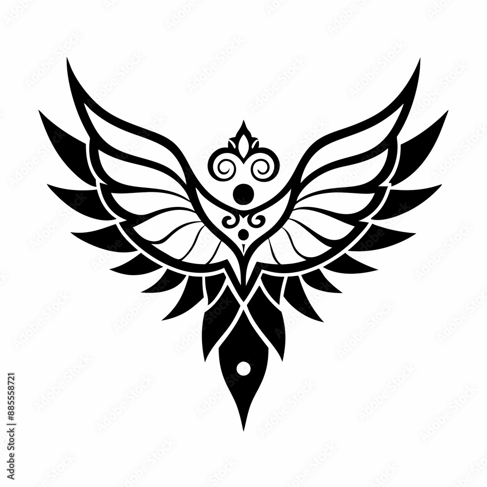 Doodle bird with intricate mandala wings, white background Doodle bird with intricate mandala wings, white background