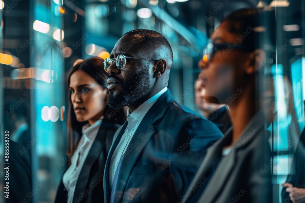 Dynamic energy of multiracial team of business professionals sleek modern office setting Dynamic energy of multiracial team of business professionals sleek modern office setting