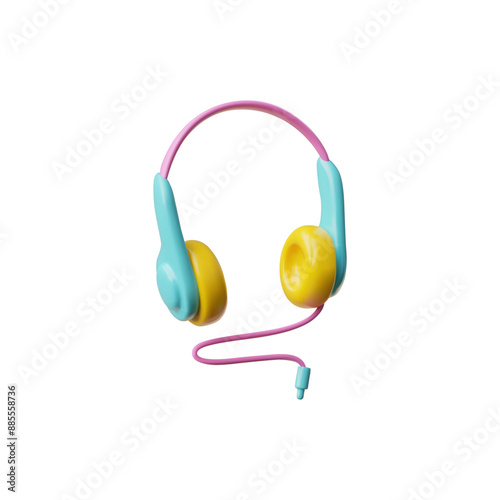 Colorful wire headphone 3D plastic style vector icon, 90s retro music listening device, stereo headset vintage accessory