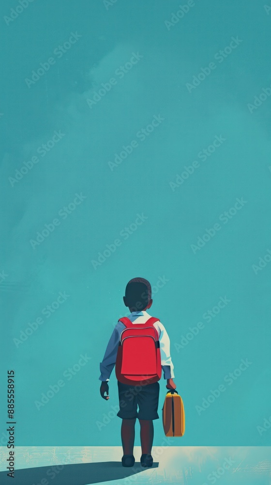 Fototapeta premium African American seven year old boy wears classy school uniform with red backpack and orange suitcases. He stands back to viewer in vibrant blue sky, gazing at something unseen, mysterious.