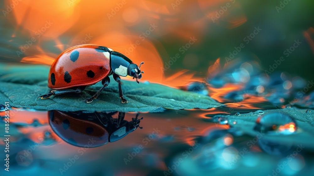 Obraz premium Ladybug on a Leaf Reflected on Water.