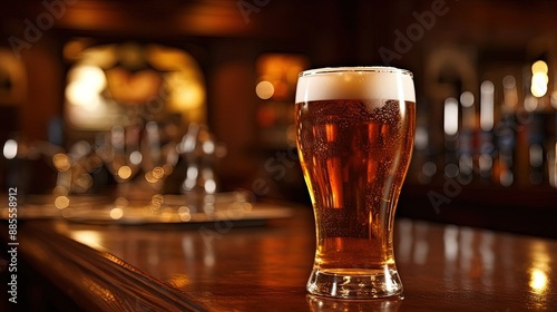 Glass of beer on a bar counter in a pub with blurred background