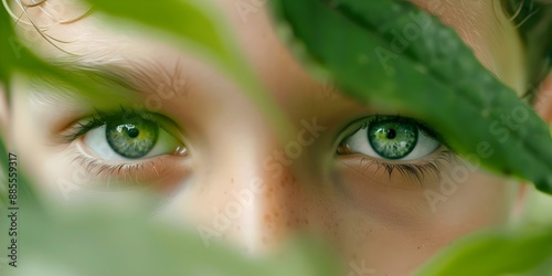 Youth with vibrant green eyes in nature expressing intense ecoanxiety. Concept Nature Photography, Ecoanxiety, Youth Portraits, Green Eyes, Emotional Expression photo