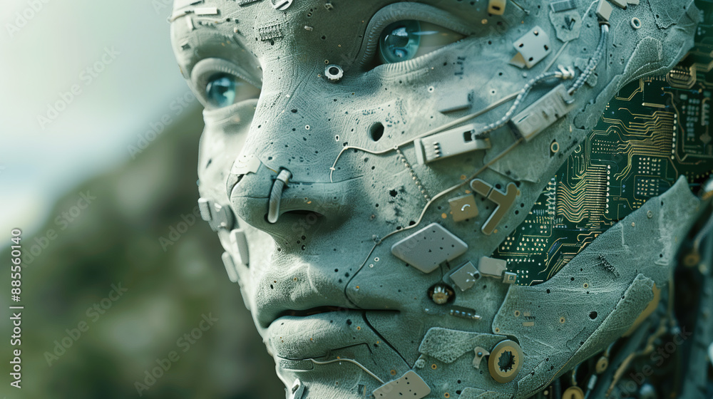 A woman with a face made of metal and wires. The face is blue and has a robotic look A woman with a face made of metal and wires. The face is blue and has a robotic look
