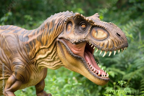 Lifelike dinosaur model in green forest setting © volga