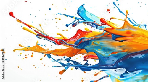 A bold paint splash with multiple colors intertwining and forming abstract shapes, set against a stark white background.