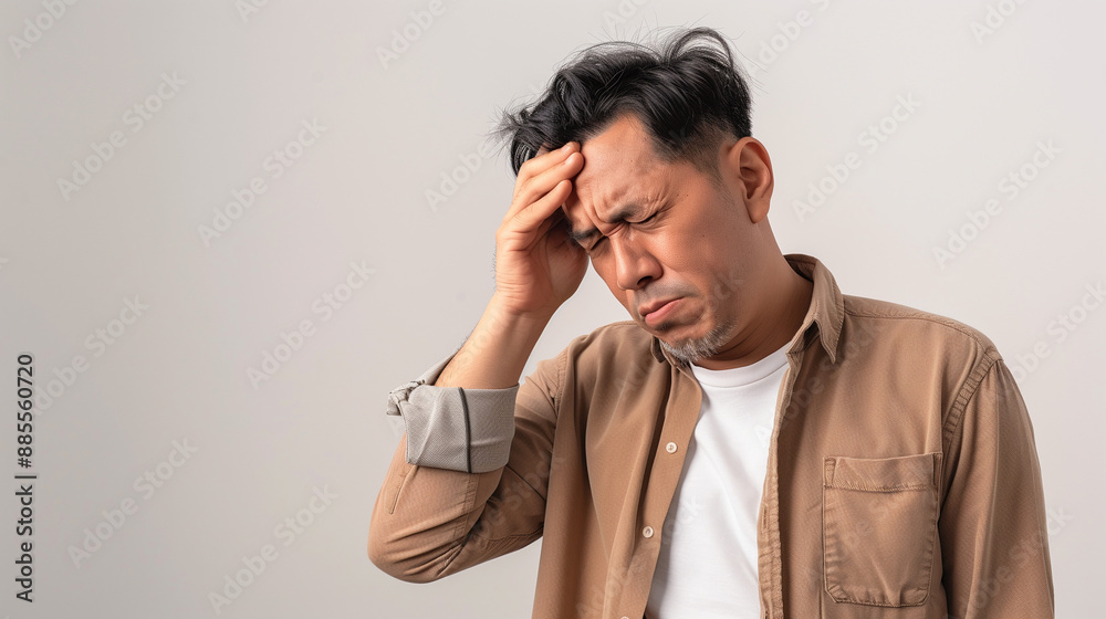A young man with a pained expression, holding his head to indicate a headache. The image conveys physical discomfort and stress. A young man with a pained expression, holding his head to indicate a headache. The image conveys physical discomfort and stress.